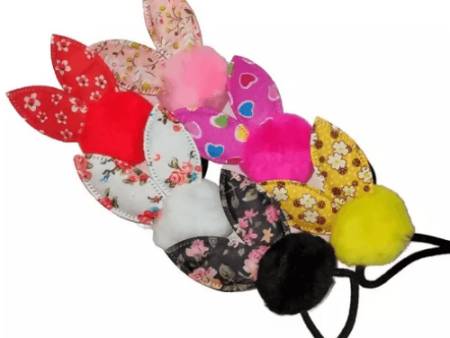 SENECIO Pom Pom Floral Rabbit Ear Printed Black Rope Stretchable Rubber Band(6 Piece) For Discount